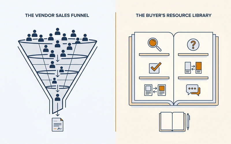 Editorial illustration contrasting a vendor sales funnel with a buyer's resource library.