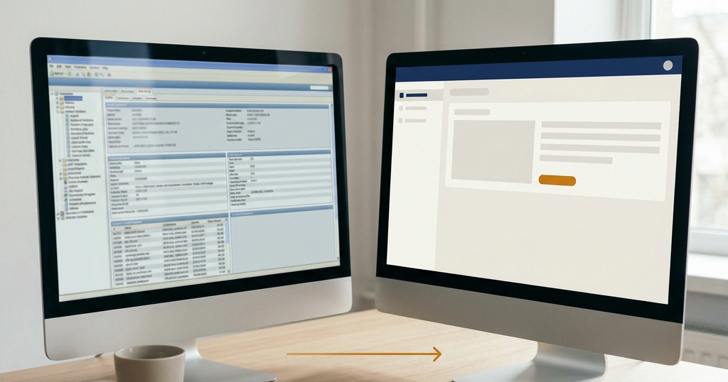 Two computer monitors side-by-side connected by an arrow representing a software switch.