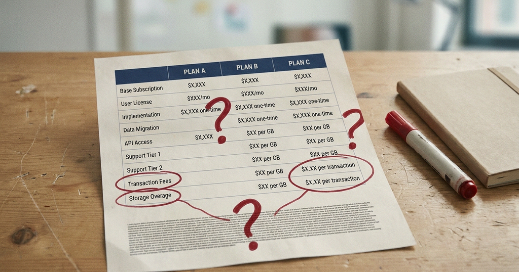 Pricing sheet with hand-drawn red question marks circling hidden costs.