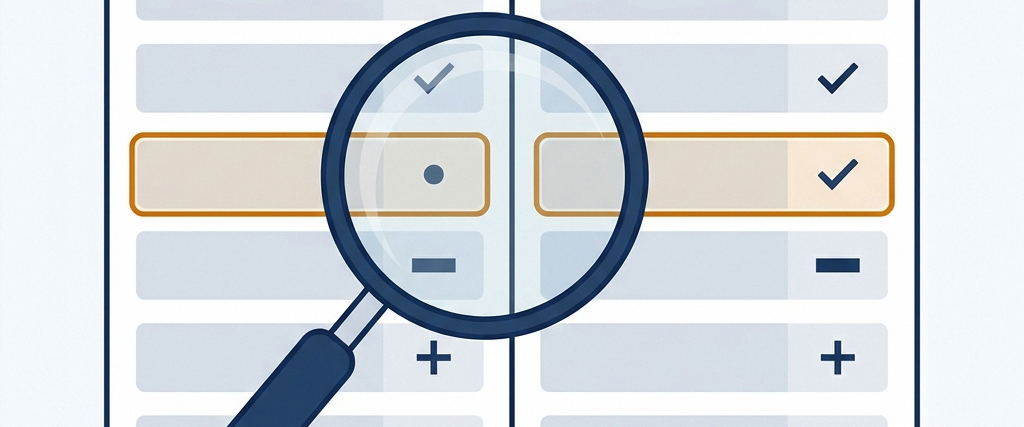 Editorial illustration of a magnifying glass over a comparison chart.