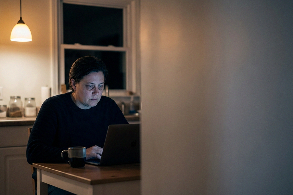 A physician working late at home on a laptop in a quiet kitchen.