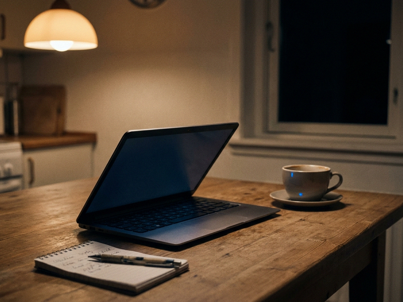 An empty kitchen table at night with a laptop and coffee cup.