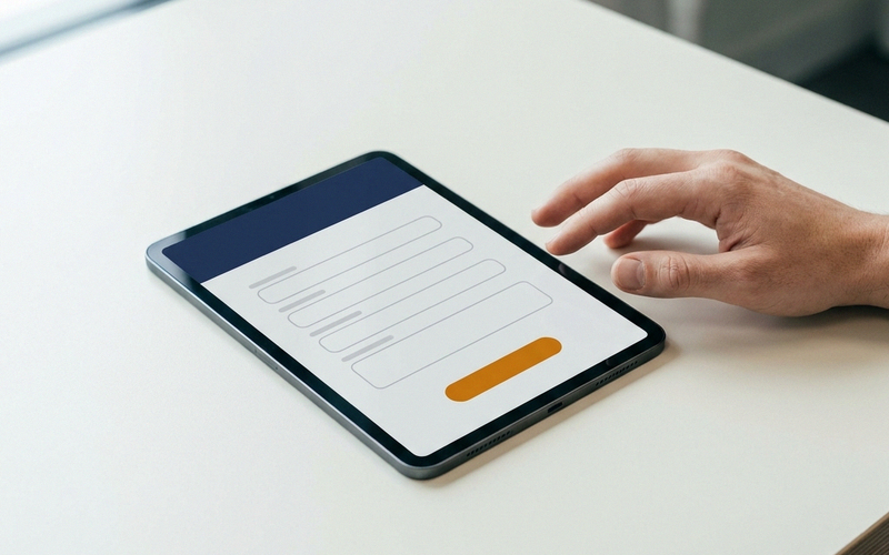 A tablet on a desk displays a short intake form with a hand reaching to tap.