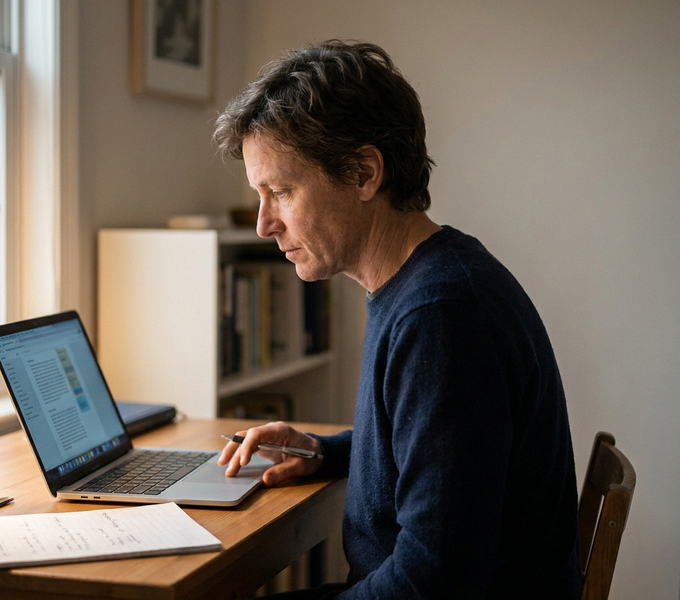 A physician at a desk reviewing software comparison panels on a laptop.